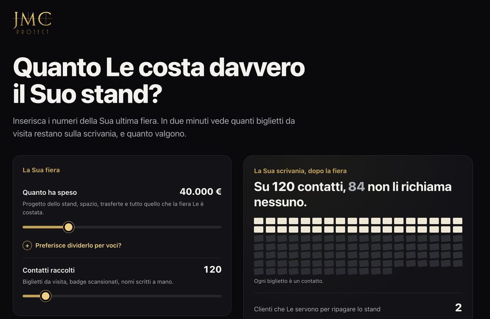 Il calcolatore ROI Fiera con i cursori per spesa e contatti raccolti