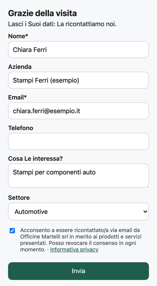 Modulo del QR sul telefono, compilato con dati di esempio e consenso spuntato
