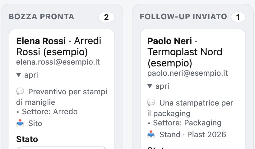 Pipeline del CRM con un contatto arrivato dal sito e uno dallo stand di una fiera